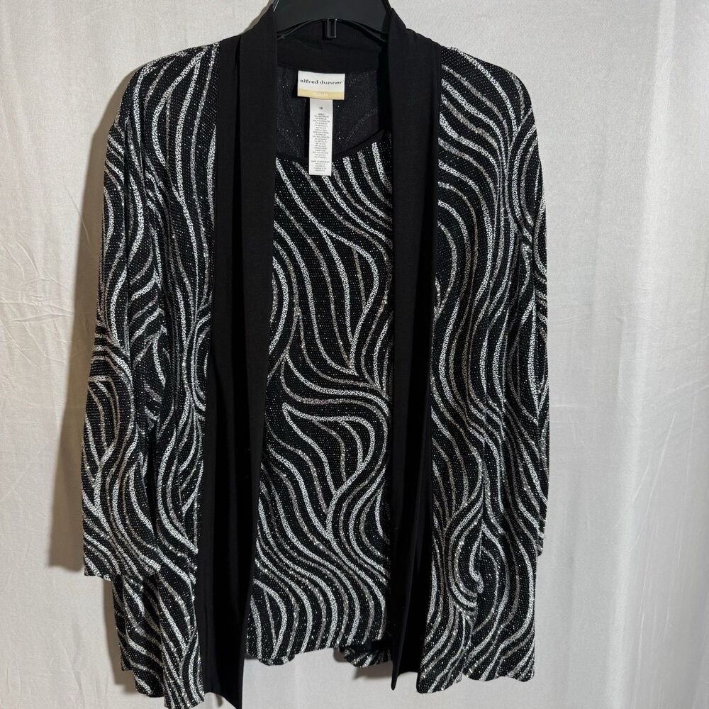 Alfred Dunner Womens 1X Black Silver Shimmer Cardigan Top Twinset Style Wedding
